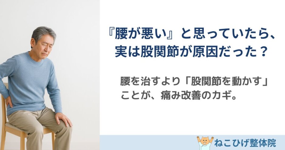 椅子に座り、腰と股関節のあたりを押さえて痛みを感じている男性(腰痛の原因が股関節にあることを示すイメージ)