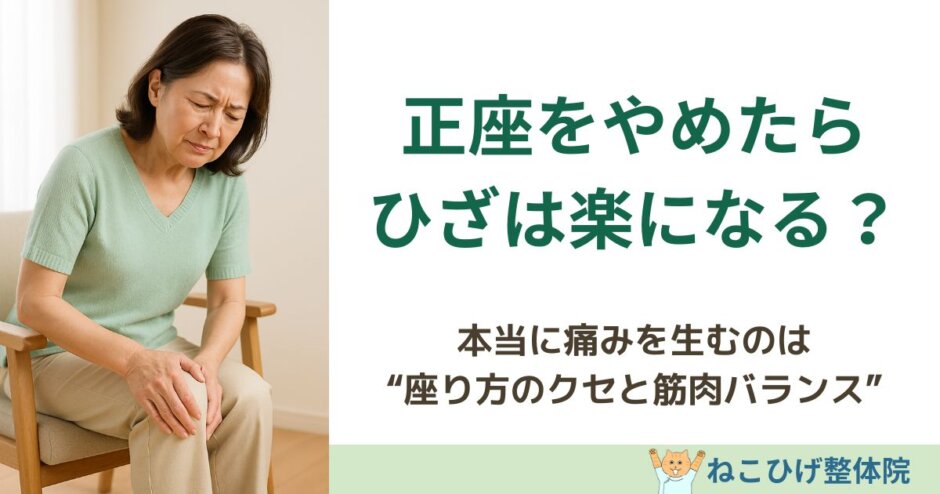 「正座をやめたらひざが楽になる？」を解説する島原のねこひげ整体院ブログ用画像