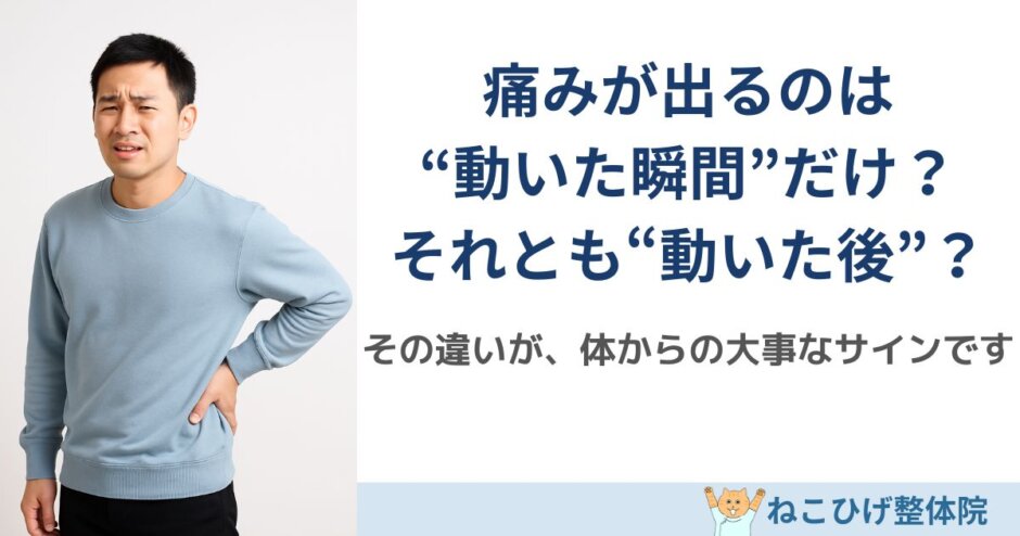 痛みが出るタイミングの違いを解説する島原のねこひげ整体院ブログ用画像（腰痛）