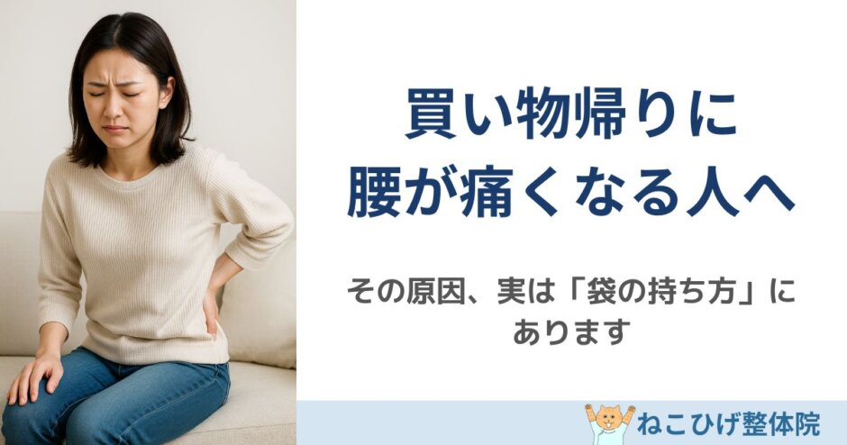 買い物帰りに腰が痛くなる袋の持ち方問題を解説する島原のねこひげ整体院ブログ用画像