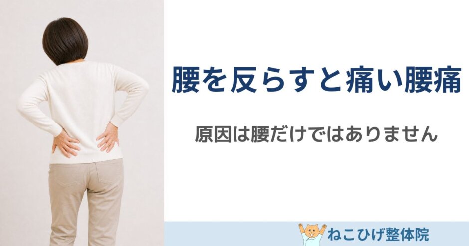 腰を反らすと痛みが出て、腰に手を当てる中年女性のイメージ画像。
