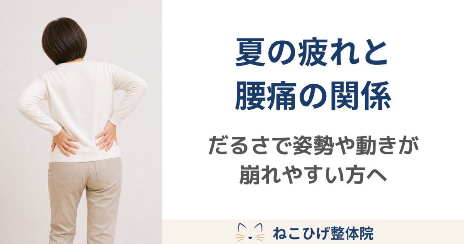 夏の疲れやだるさで姿勢が崩れ、腰に手を当てて重だるさを感じている中年女性のイメージ画像。